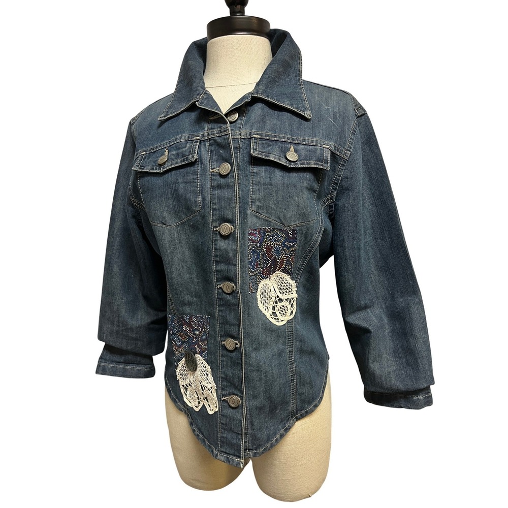 FDJ French Dressing Denim Jacket Womens 6 Blue Excellent Patchwork‎ Lace Boho